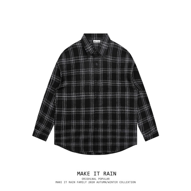 ダーク格子柄シャツ スタイルカジュアルロング 長袖 ストリート MAKE_ITRAIN53812962117