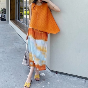 sunset tie dye pleated skirt<sk3189>
