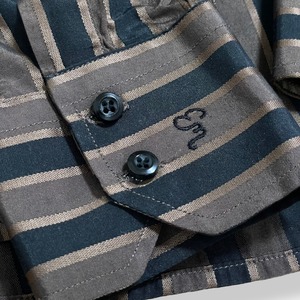 【ENZO di MILANO】デカ襟 70s風 刺繍ロゴ ストライプシャツ 長袖シャツ カジュアルシャツ ポリシャツ 茶 黒 柄シャツ レトロ L EU古着