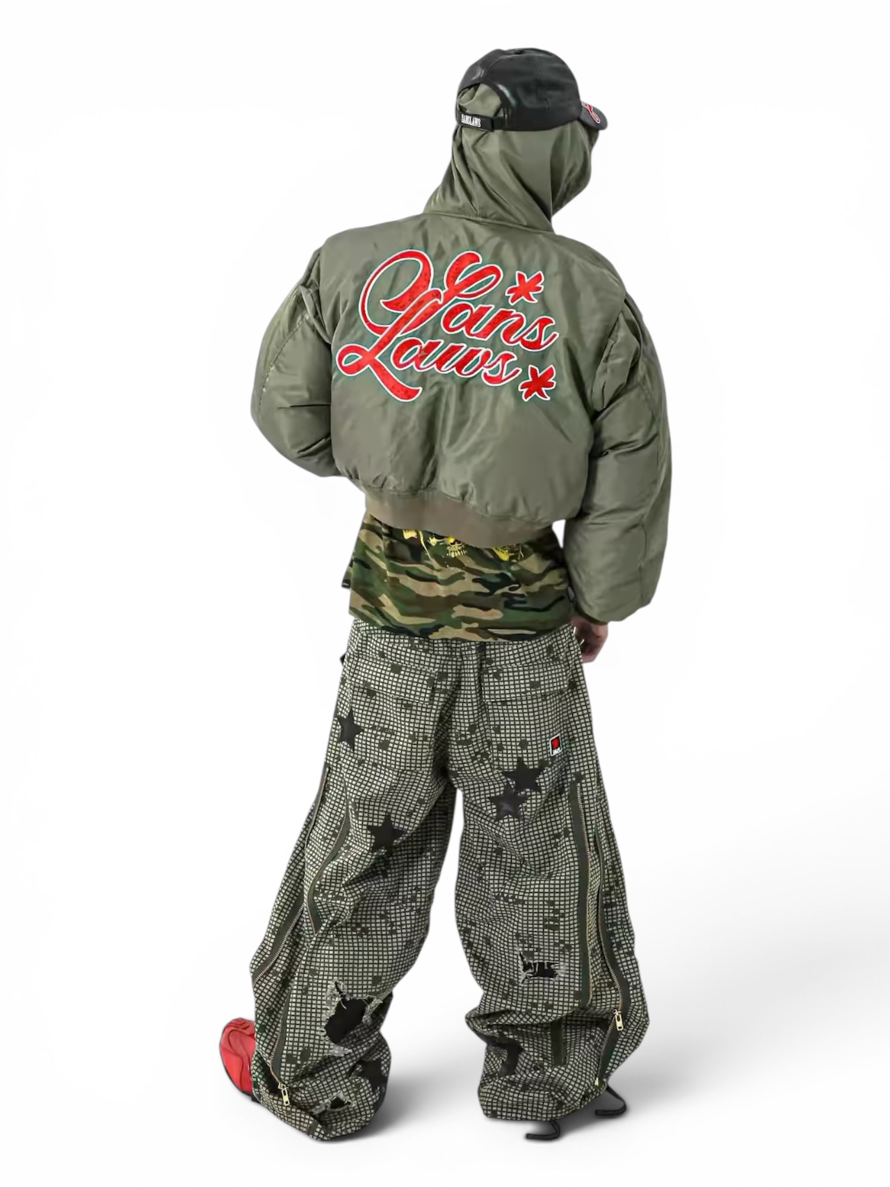 【SANSLAWS】Star Patch Distressed Zip Pants