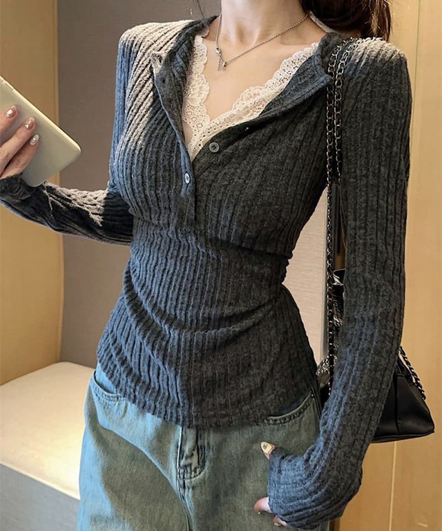 レース付リブニットトップス