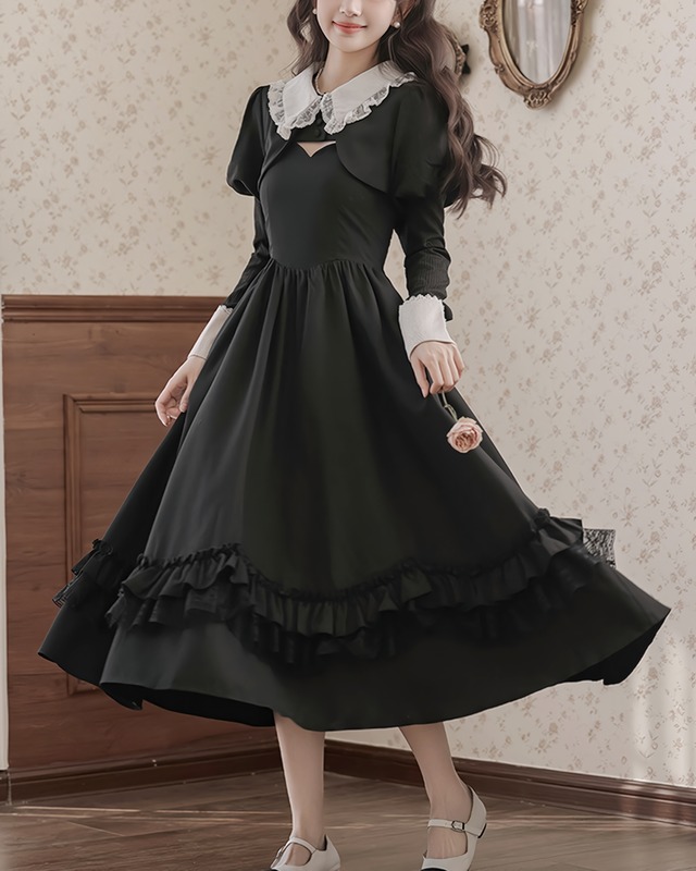 フリルブラックワンピース＆ショール＆スリーブ３点セット　25WP05003