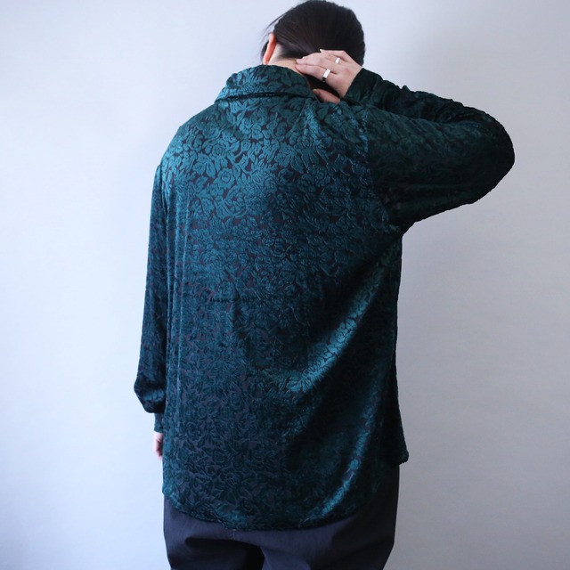 flower motif art pattern deep green see-through velours shirt