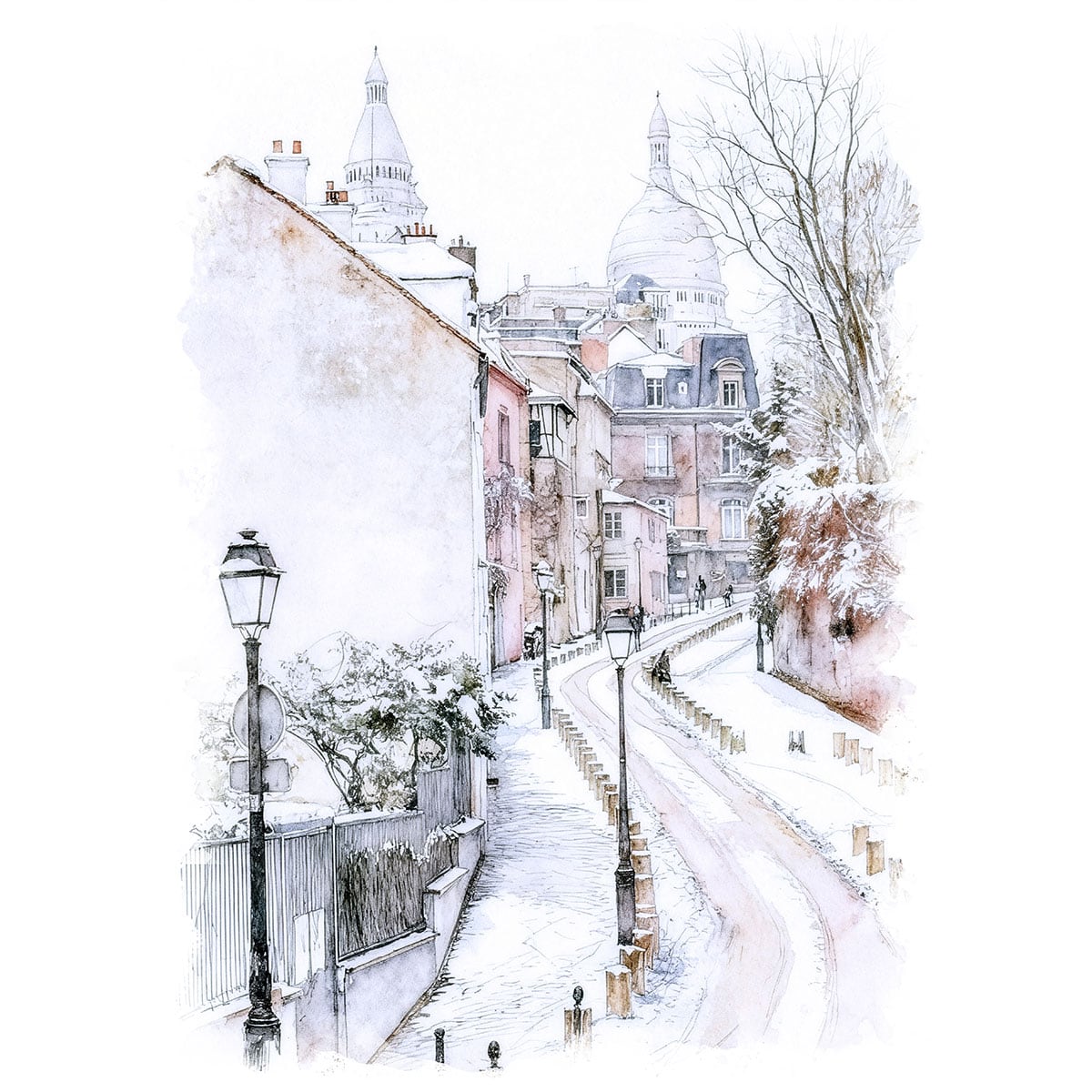 絵画 風景画(街並み) 冬 雪のフランス パリ モンマルトル インテリアアート額付き 水彩画・油絵調 WAT0598