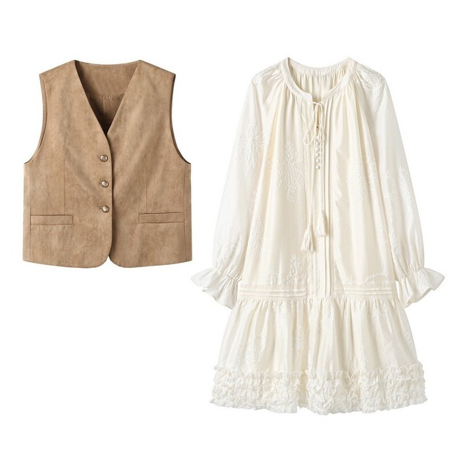 Suede Vest & Ruffle Dress Set　202680142