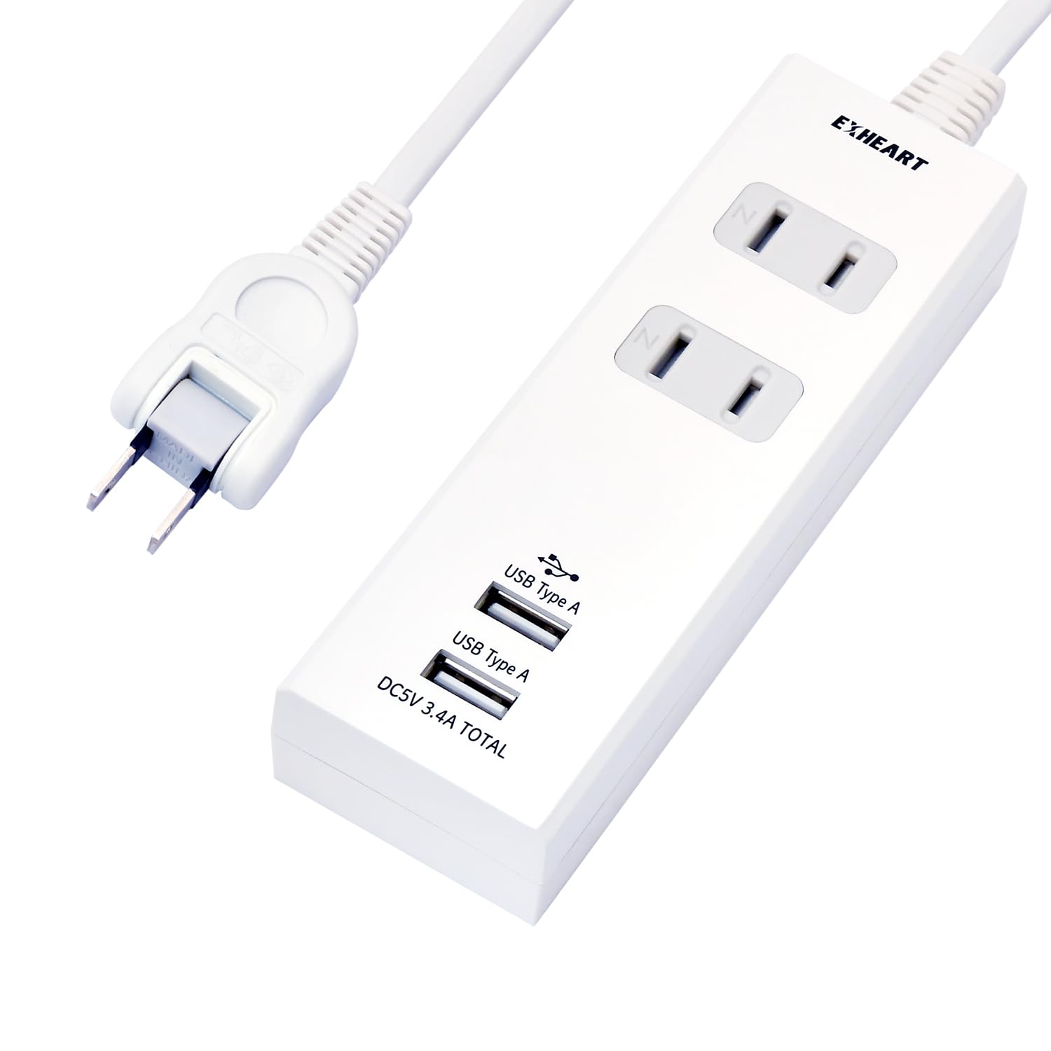 EXHEART USBポート付電源タップ 5m (AC ×2 / USB ×2) 急速充電 延長コード (高出力 / 最大3.4A) コンセント 白 電源タップ スイッチ (可動式プラグ/ホコリ防止シャッター)