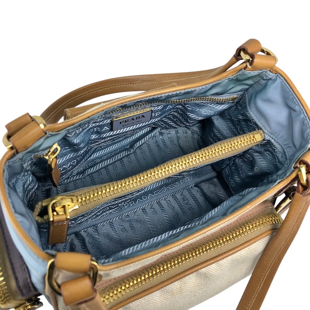 PRADA プラダ トートバッグ ベージュ ブルー トライアングルロゴ キャンバス マルチポケット vintage ヴィンテージ オールド fkki3a