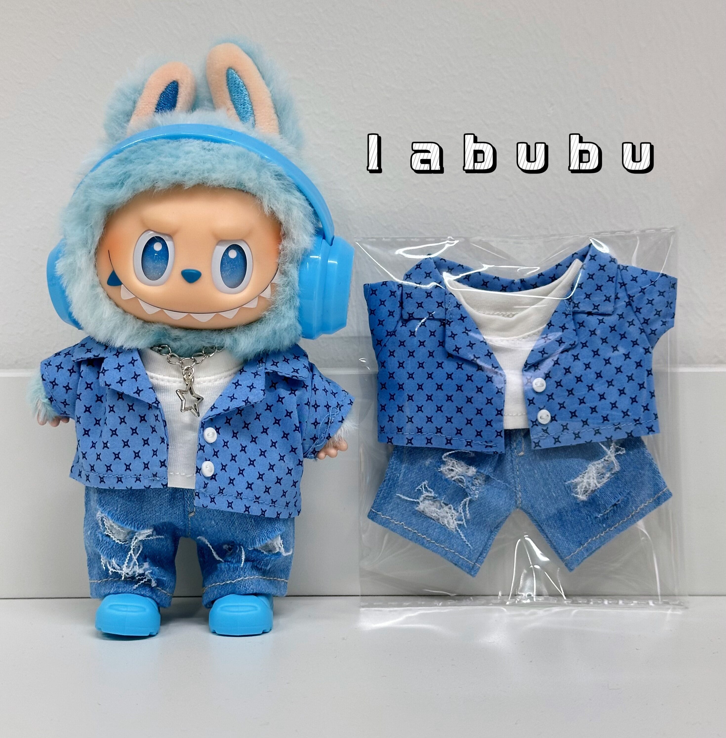 星のラッキーブルーが可愛い☆ the monsters 17cmラブブのためのラッキーブルーコーデ スター柄フルセット 靴&ネックレス込み カジュアルだけどスタイリッシュな着せ替え衣装