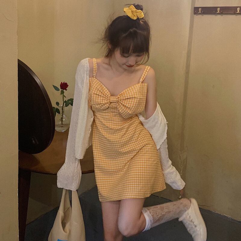 リボンドレス レディースサマー格子柄ウェストスカート 大人ガーリー スウィート キュート カジュアル 夏物 萌量不足2641132293