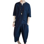 予約 メンズ服 綿麻セットアップ 七分袖 サルエルパンツ 上下セット ファッション カジュアル リラックスウェア 和風 モード系 韓国風 夏服 涼しい ルームウェア 無地 ナチュラル素材 吸汗 速乾 通気性 ゆったり 着心地快適 シンプル mp-148