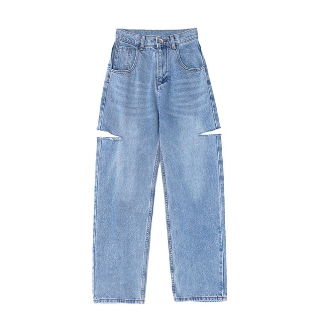 Side cut denim wide pants A756