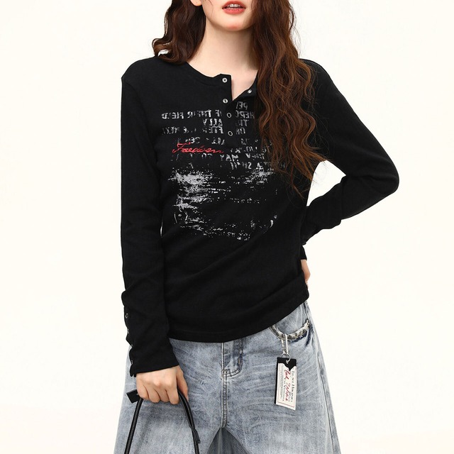 ヴィンテージライクレタリングヘンリーネックTシャツ 2col R02520