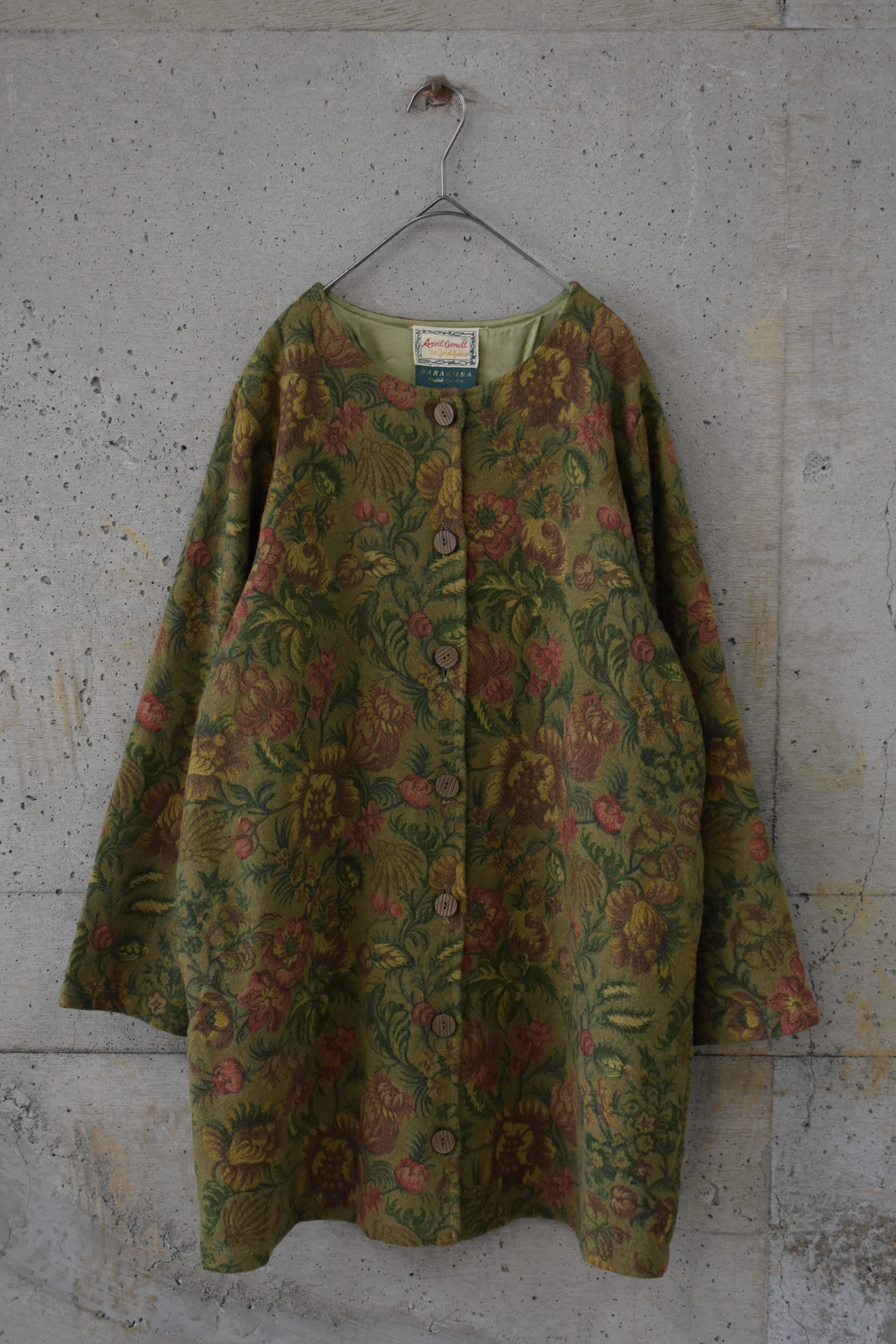 Floral-patterned khaki wool coat