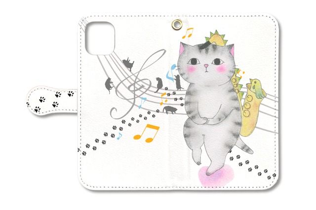 (iPhone用)サックス猫の手帳型スマホケース