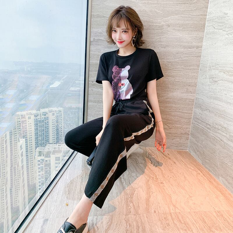 ラインストーンプリントルーズラウンドネックTシャツ カラーワイドレッグウェストパンツ セット スプリング 春物 Oネック ワイドパンツ MIUCO68498241245