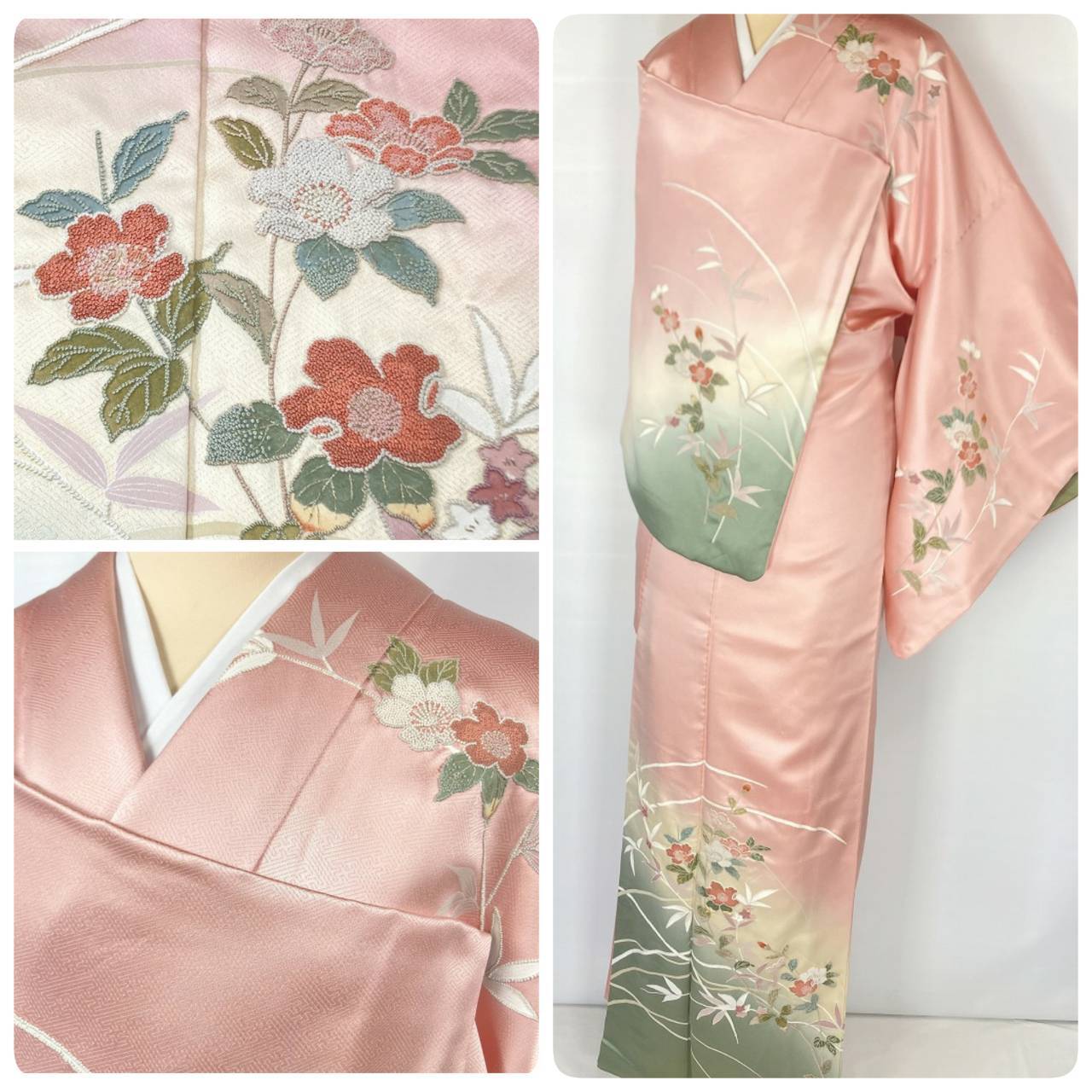 総刺繍 総相良刺繍 椿 訪問着 正絹 ピンク 一斤染 1137 | kimono Re ...