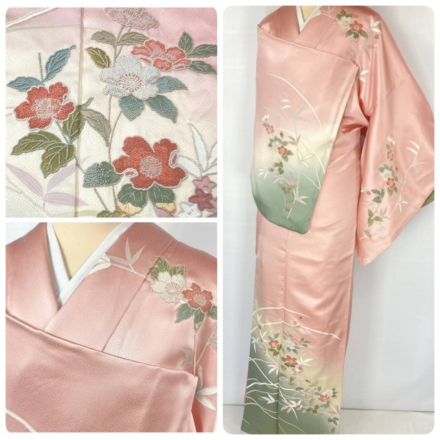 総刺繍 総相良刺繍 椿 訪問着 正絹 ピンク 一斤染 1137 | kimono Re:和 