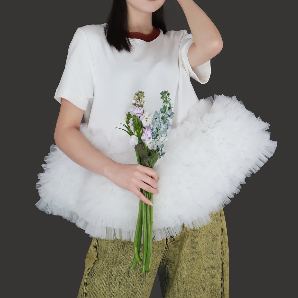 Floral Tulle Puff Sleeve Top*S-687