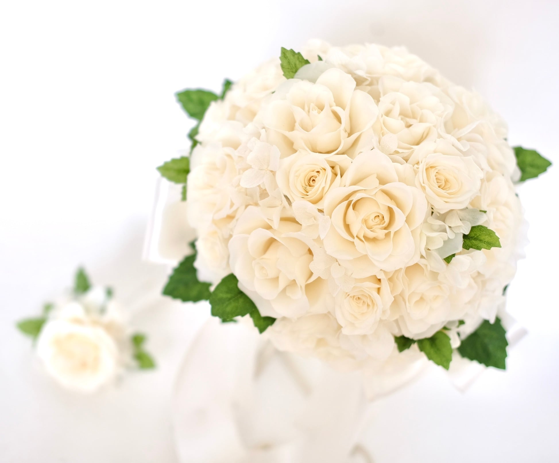 ケース付き】プリザ白バララウンドブーケ | ブライダルフラワー専門店