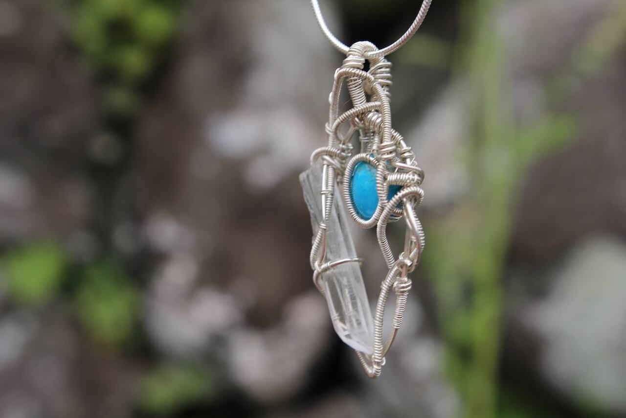 Turquoise & Crystal point silver925 wire wrapping pendant