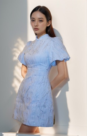 Puff Chinese Lady/パフドレス パーティー 結婚式 ミニ ボリューム 襟付き 厚手 大人可愛い 銀ライン 光沢感 白 黒