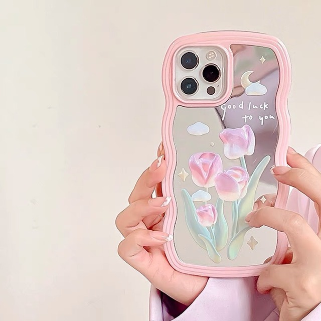 Iphoneケース Iphone13 Iphone12 ウェーブ 波 花柄 チューリップ ミラーケース ピンク スマホケース おしゃれ 韓国 2221 水着とiphoneケースのお店 Beach Style Coco