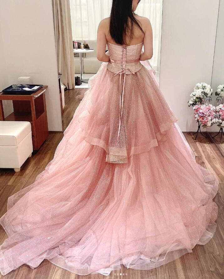 オーバードレス 韓国風 ピンク ベアトップ キラキラグリッターチュール  
