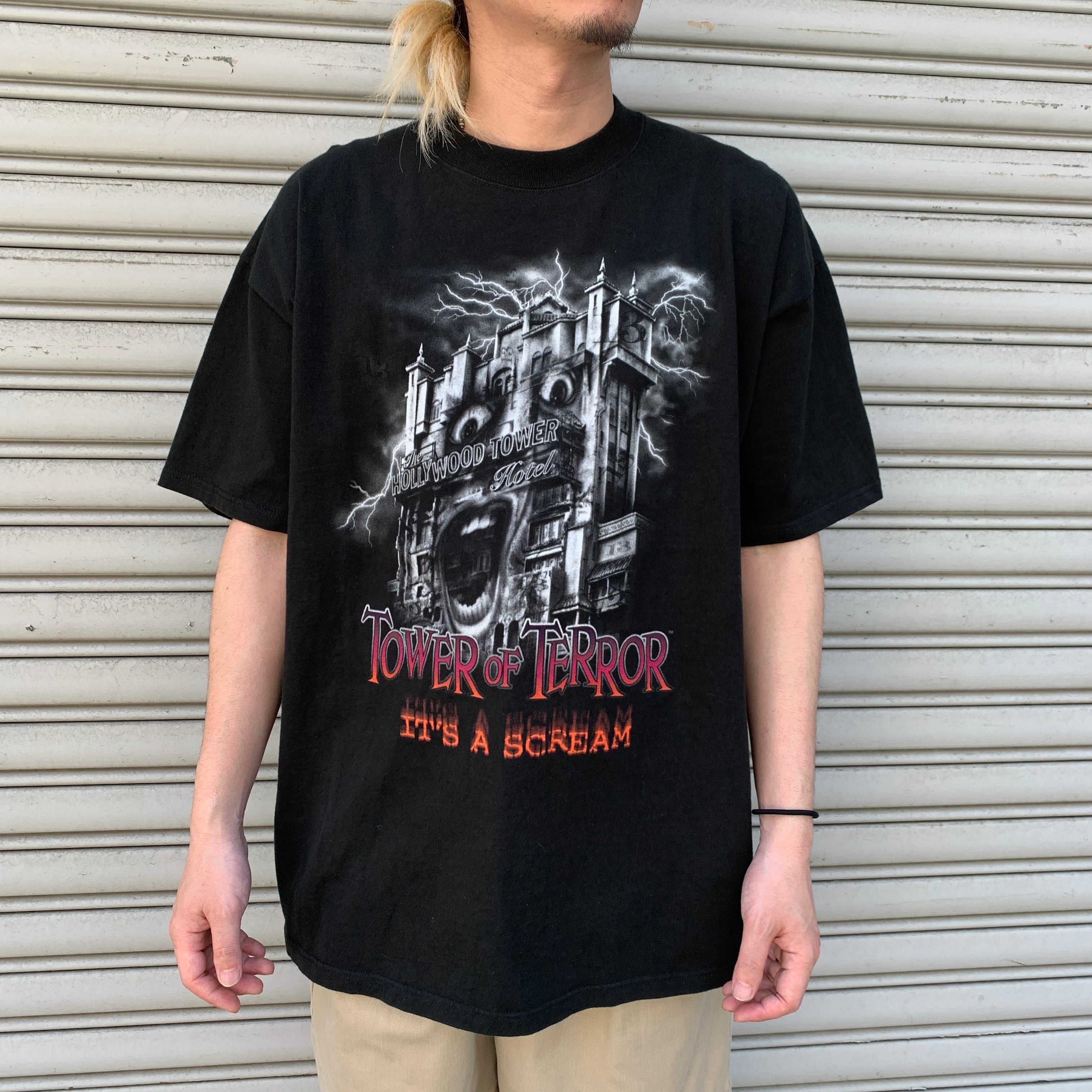 USA Disney タワーオブテラー プリントTシャツ アトラクション 黒 L