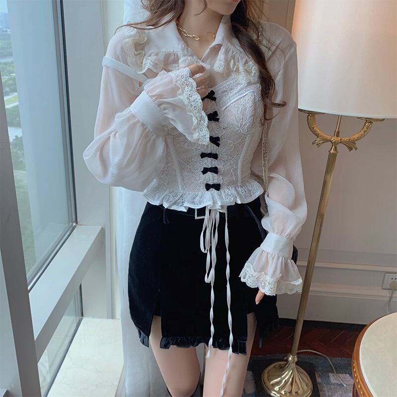 レースメッシュシャツ オータムウィンタースタイルホワイトカラートップス ロング 秋物 冬物 ブラックストロベリース98732485657