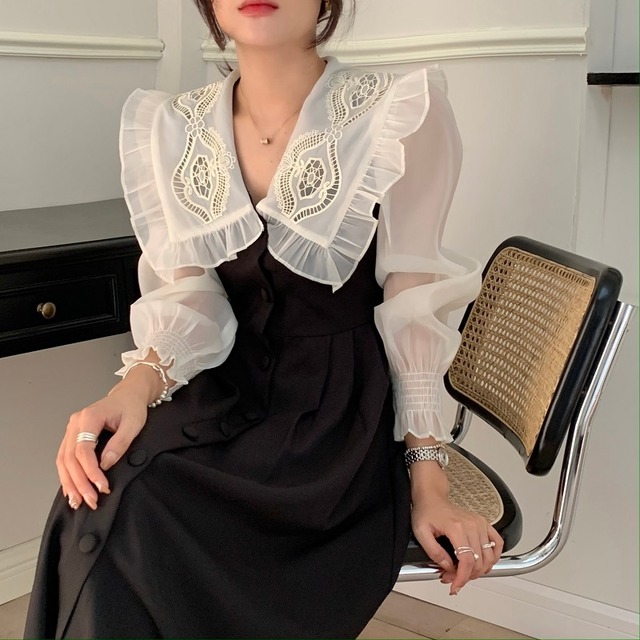 【着用レビュー】ワンピース レディース ロング丈 シャツ ブラウス 長袖 襟付き ビッグカラー レース 刺繍 シフォン かわいい 大人可愛い きれいめ 上品 エレガント 清楚 フェミニン おしゃれ お洒落 綺麗 お嬢様 送料無料 ラブリー キュート ガーリー ロマンチック 抜け感 無地 OL 通勤 学生 通学 デート お出かけ 女子会 休日 フリーサイズ 春 秋 10代 20代 30代 韓国 韓国系 着回し 普段使い 重ね着 ギフト プレゼント ファッション コーデ プチプラ モテ ブラック インスタ