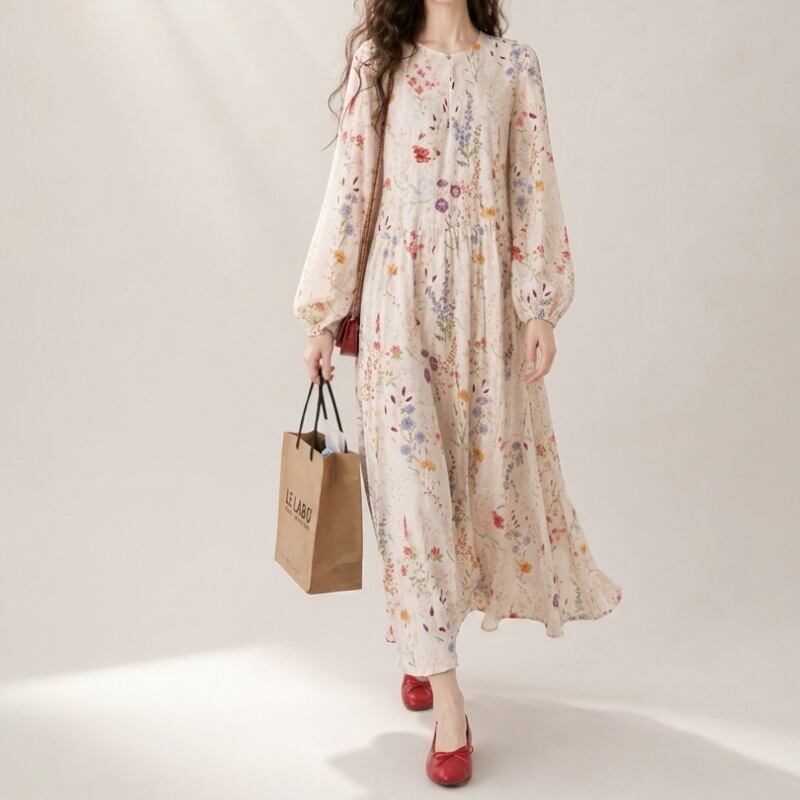 Botanical Balloon Sleeve One-Piece S0117