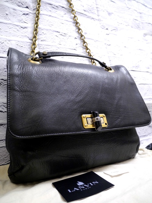 レア22万◆LANVIN PARIS ランバン AMALIA アマリア ダブルチェーンハンドル 2way レザー トート バッグ 黒◆ 希少なWチェーン大容量モデル