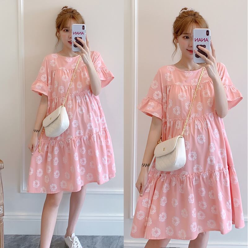 【新作】【送料無料】 6361＃マタニティ服春秋コットン半袖ルーズフローラルスタイリッシュドレス妊婦ママドレス ショート スプリング 春物 オータム 秋物 花柄 AL expec380954546823