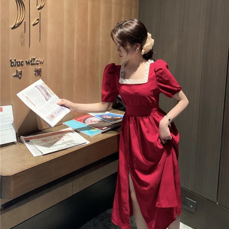 レトロフレンチレーススクエアネックロングスカート2020年夏ニューウエストセクシースプリットレッド半袖ドレスレディース 1号婦人93367545950