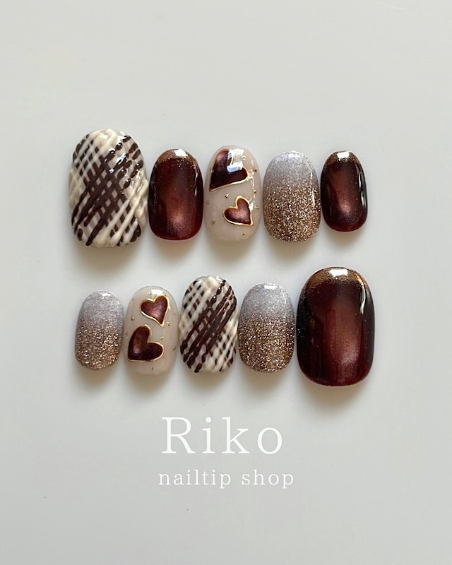 ネイルチップ　バレンタイン　マグネット　チョコレートネイル　ハート　ブラウン #ncs006