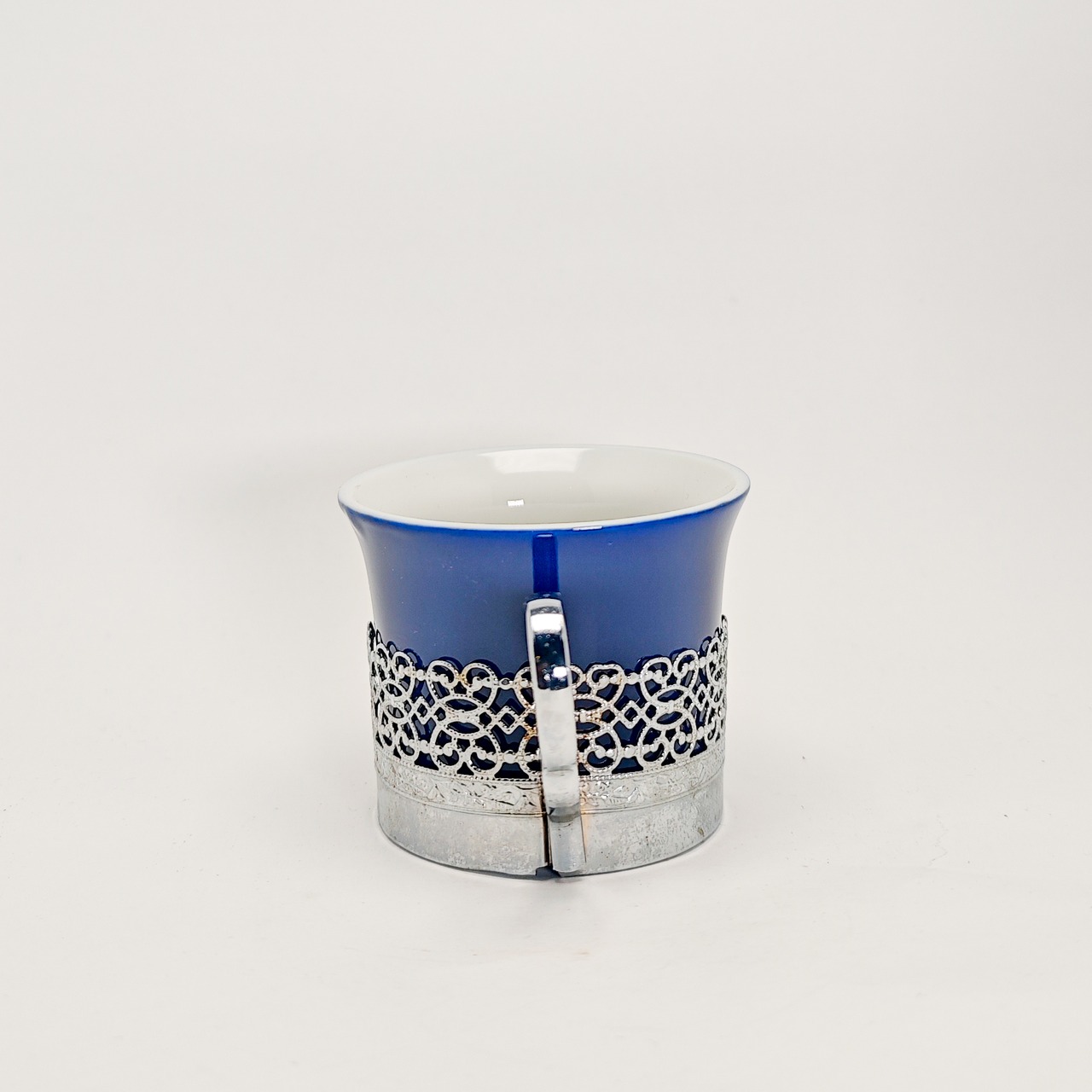 ヴィンテージ雑貨 紺色磁器×メタルホルダー カップ＆ソーサー