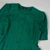 リネン100% Leilian レリアン 半袖 ジャケット 13+/グリーン レディース レトロ