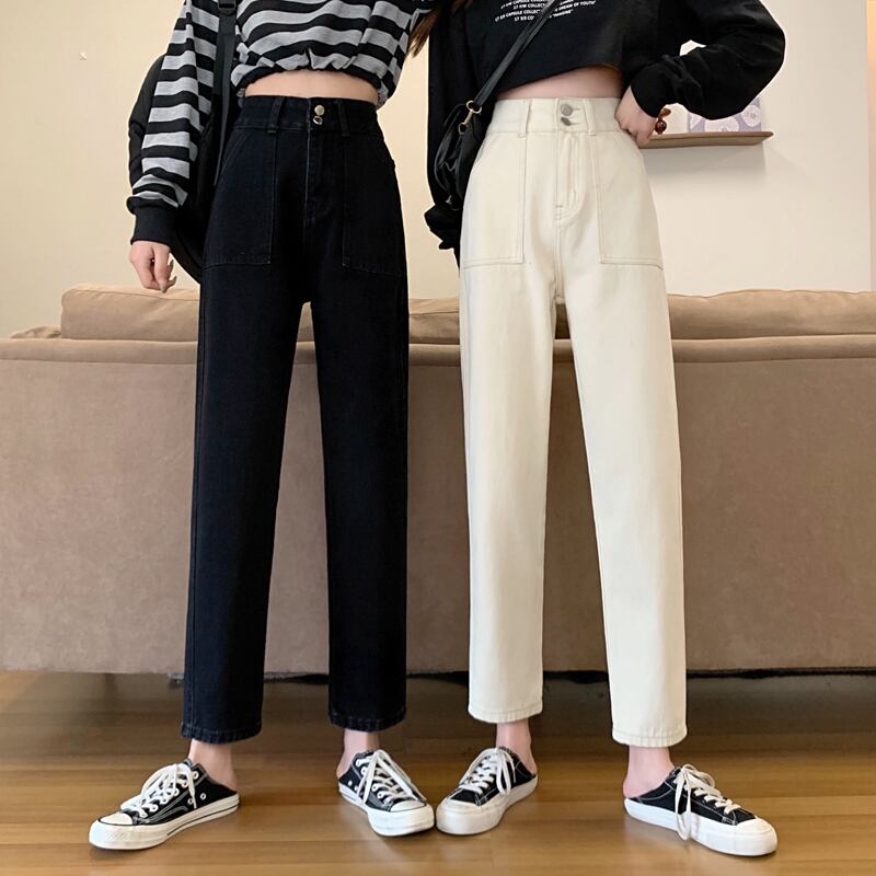 オータムウィンタールーズ薄手パンツ ハイウェストウェストブラックジーンズ レディース 秋物 冬物 試着室4551705485