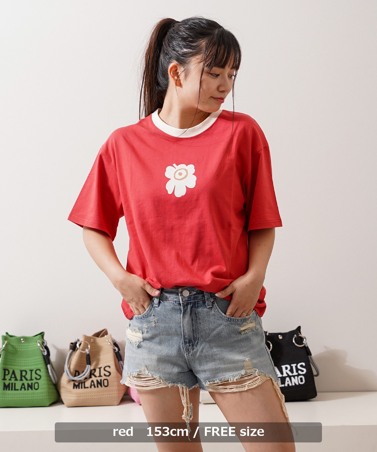 ◆リンガーネック フラワーTシャツ◆kr-26103