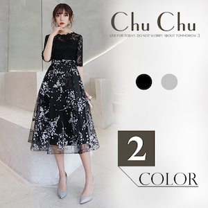 上品なレースと花柄刺繍が華やかなお呼ばれドレス★全2色