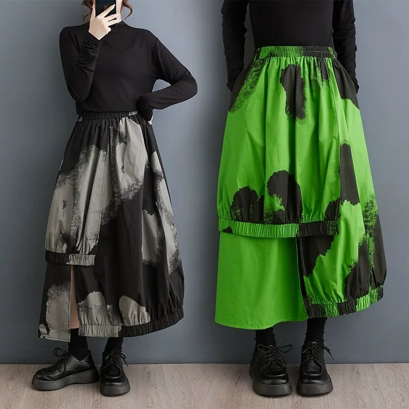 TIE-DYE ELASTIC WAIST FLAP ASSYMETRIC DESIGN MIDI SKIRT 2colors M