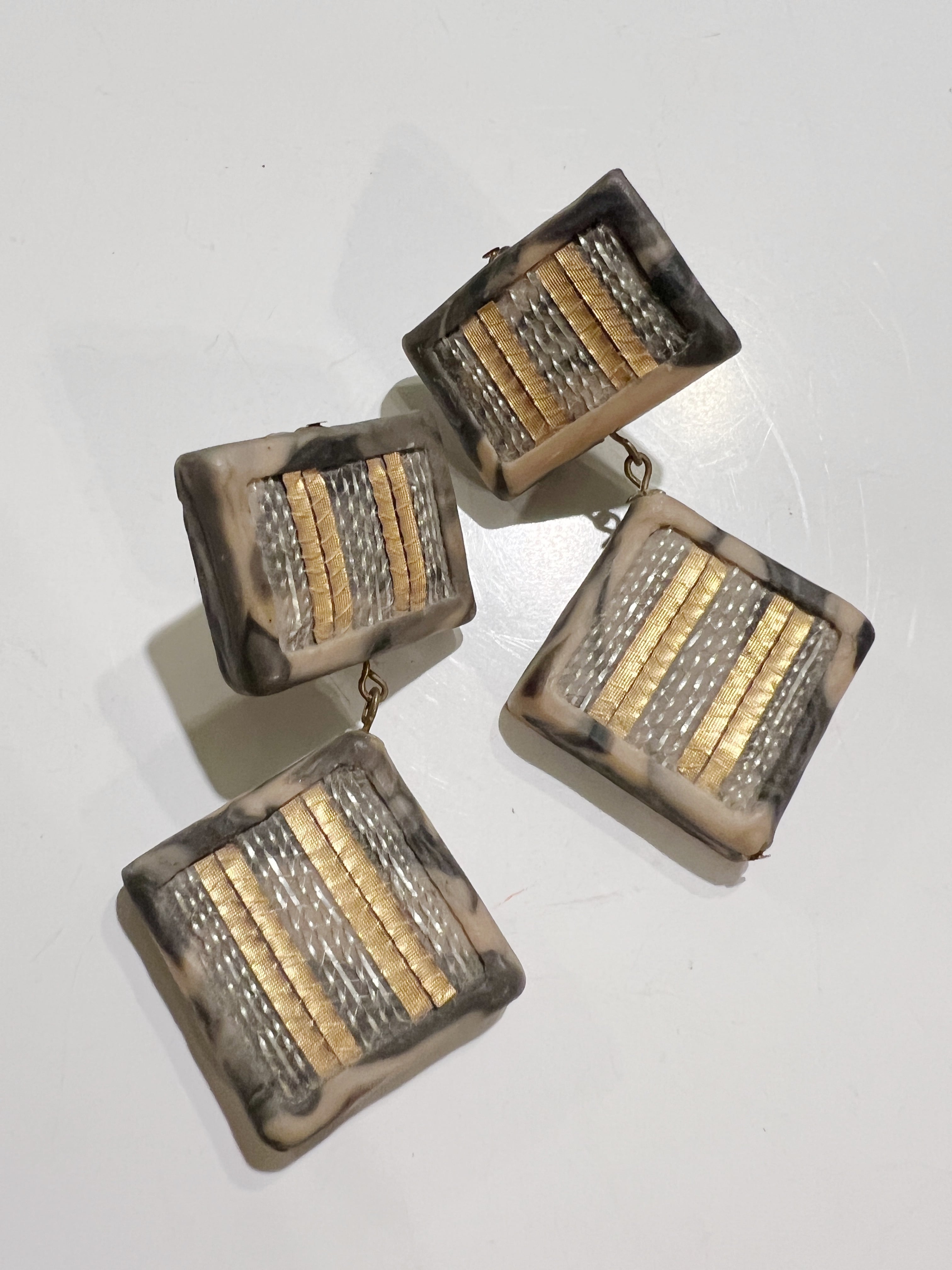 80s gray × beige mesh marble square earrings ( ヴィンテージ グレー × ベージュ メッシュ イヤリング )