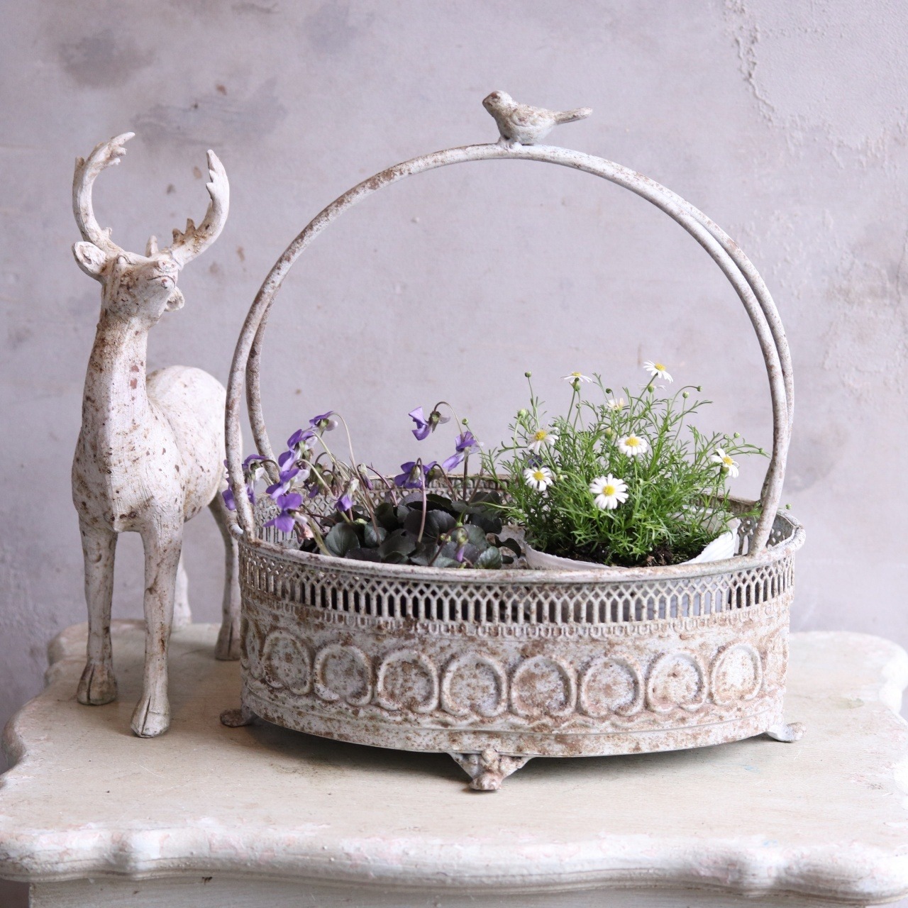 ブリキ植木鉢　ジャンヌハンドルポットW A　アンティーク調　シャビーシック　オシャレ　JG 39