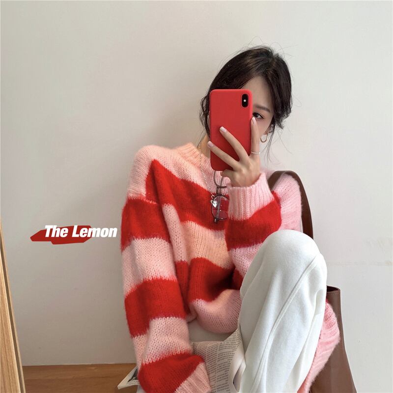 カラールーズラウンドネックストライプニットセーター トップス レディース Oネック ビッグFスモールZ韓国61947054565