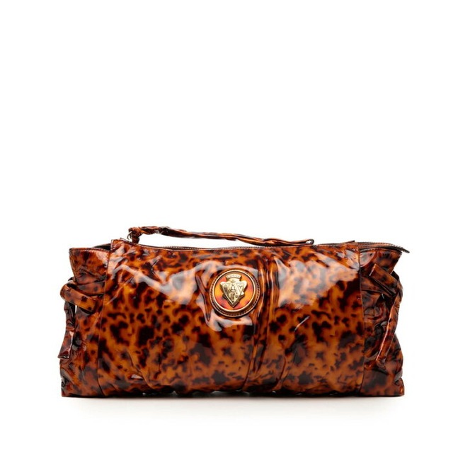 グッチ ヒステリア クレストロゴ アニマル柄 レオパード クラッチバッグ 197015 ブラウン エナメル レディース GUCCI 【中古】