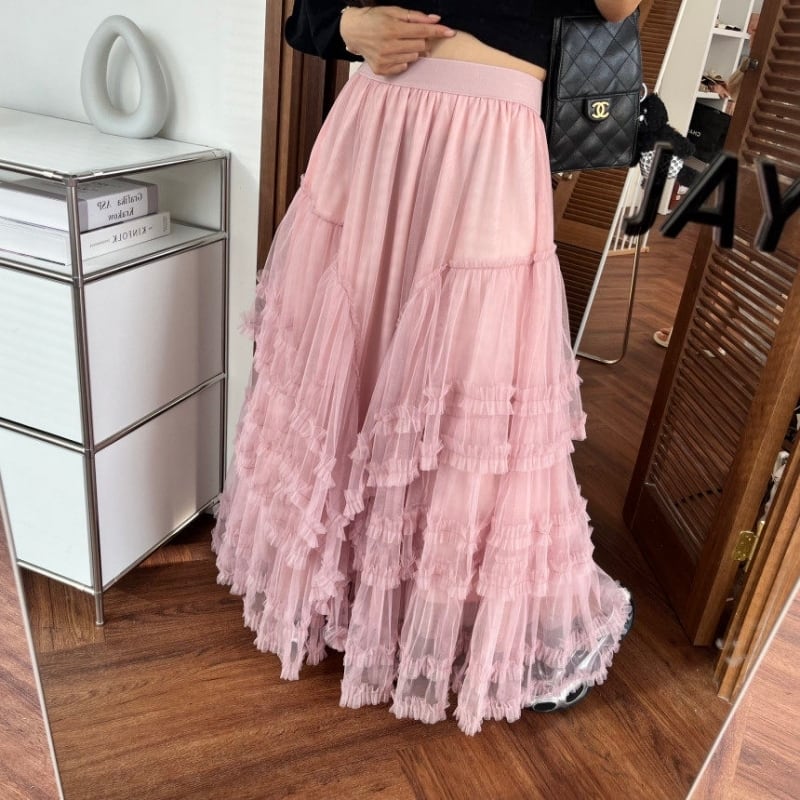 全3色/Side tiered tulle long skirt B4035 | Mbeaute