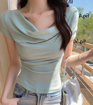 トップス Tシャツ レディース ドレープTシャツ 半袖 ドレープネック カウルネック カットソー きれいめ 大人 お洒落 大人女子 セクシー エレガント 存在感 春 夏  デート お出かけ 休日 旅行 普段使い 体系カバー 送料無料 S M L XL ホワイト ブラック アプリコット ミントグリーン