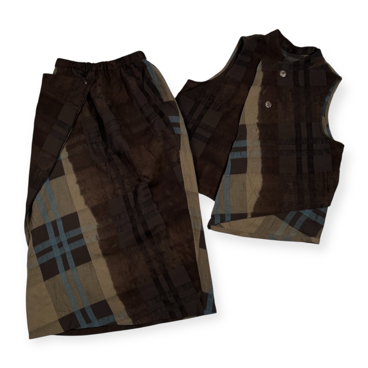 上下セット 慈雨 ジウ センソユニコ チェック柄 セットアップ ベスト & ウール スカート サイズ 40 /ダークブラウン/日本製