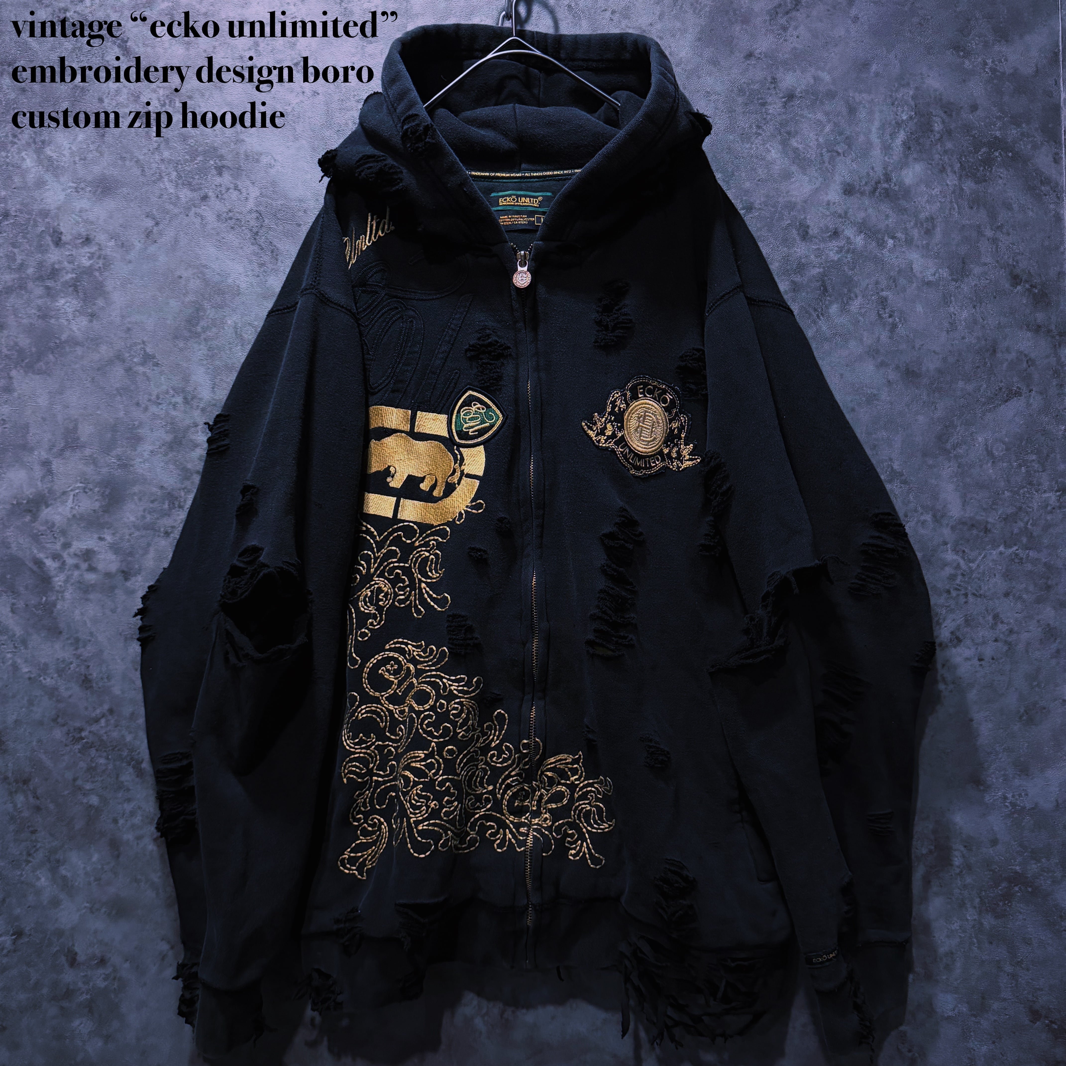 【doppio】vintage “ecko unlimited” embroidery design boro custom zip hoodie