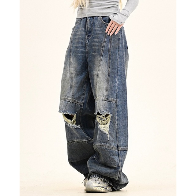 washed distressed wide leg denim　ウォッシュダメージワイドレッグデニム　J0662